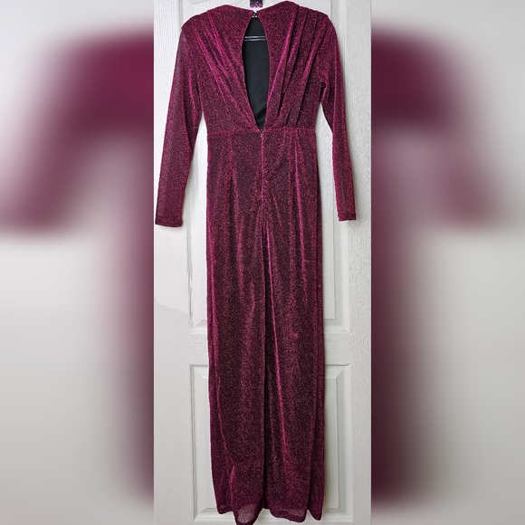 Faeriesty Womens Elegant Sparkly Glittery Magenta Gown, Thigh Slit, Sheer Arms S - Picture 3 of 11